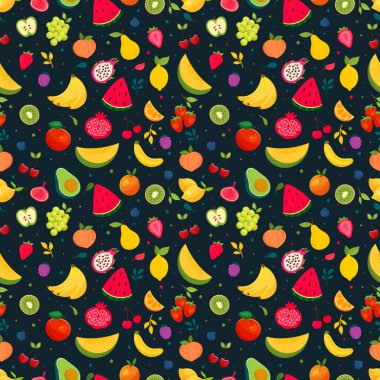 Meyve, dikişsiz desen, limon, muz, çilek, böğürtlen, portakal, kiraz, karpuz, kavun, vs., baskı, tekstil, kumaş, kağıt, afiş, illüstrasyon, vektör
