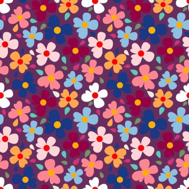 Çiçekler, farklı kır çiçekleri, pürüzsüz desen, çiçek çayırı, yaz, mor arkaplan, kumaş, kağıt, yüzey tasarımı tekstil vektörü
