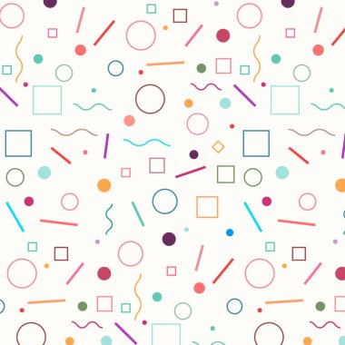 Farklı geometrik şekillere sahip soyut geometrik arkaplan, Memphis tasarım tarzı, renkli 90 'lar tarzı, modern, arkaplan, geometri, minimal, element, kağıt, retro, vintage, banner, daire, renk