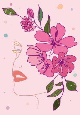 Bir kız, kadın, güzel bir çiçek, çizgi çizimi, grafik, bayan, taslak, insan, soyut, sanat, yüz, portre, güzellik, çiçek, poster, baskı, kapak, duvar kağıdı, posterler, kumaş, tekstil, illüstrasyon, vektör