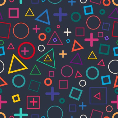 Geometrik, pürüzsüz desen, kareler, üçgenler, daireler, farklı renkler, renkli, geometri, haç, basit düz baskı kağıt kumaş kumaş illüstrasyon vektörü