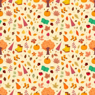 Sonbahar, sonbahar, yapraklar, yapraklar, ağaçlar, lastik botlar, şemsiye, dikişsiz desen, meşe palamutları, mantarlar, düşmüş yapraklar, sıcak çoraplar, sıcak çay, sonbahar mevsimi, açık sarı arka plan, baskı mevsimi,