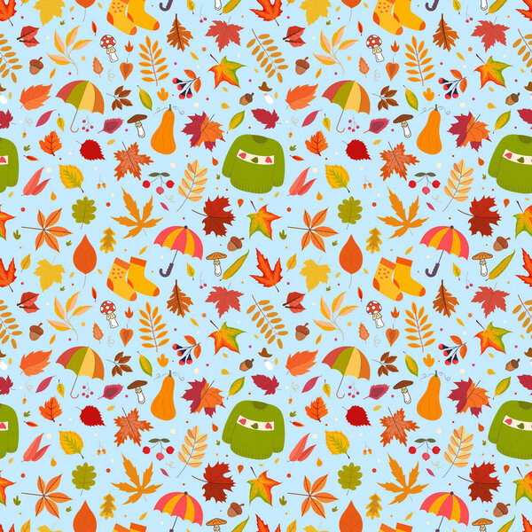 Осень, сезон, листья, зонтики, теплые носки, грибы, ягоды, свитер, бесшовный узор, светло-голубой фон, бумажные баннеры детские обои ткань ткань вектор иллюстрации