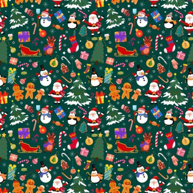 Yeni yıl, Noel, Noel Baba, Kardan Adam, Ağaç, penguenler, geyik, kusursuz desen, Noel ağacı oyuncakları, hediyeler, kar taneleri, yıldız desenli kağıt ambalaj kağıdı, tekstil pankartı tasarımı