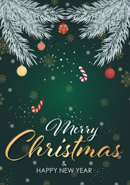 Mutlu Noeller ve mutlu yıllar, tebrik kartı, bayram, yeşil gradyan geçmişi, yeni yıl baloları, ağaç dalları, kar taneleri, şeker kamışı, baskı, kartpostal, afiş, poster illüstrasyon vektörü