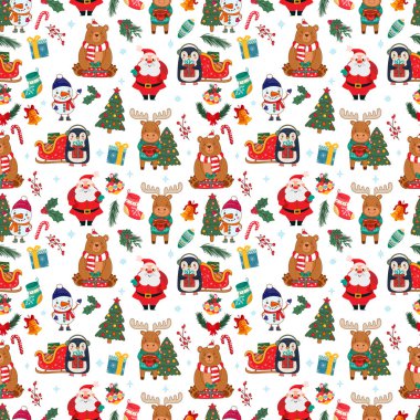 Noel ağacı oyuncakları, hediyeler, Noel Baba, geyik, penguen, kardan adam, köknar ağacı, yıldızlar, kutsal dallar, baskı, ambalaj kağıdı, kumaş, tekstil, afiş, web