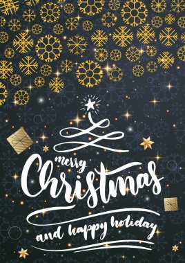 Merry Christmas and Happy Holidays, lettering, gift boxes, snowflakes, stars, gold decorations, dark gradient background, print, greeting card, banner, poster, celebration, decoration, winter clipart