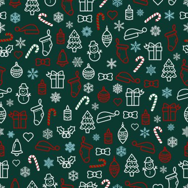 Noel, yeni yıl, tatiller, kontür çizimi, kusursuz desen, kardan adam, Noel ağacı, hediyeler, Noel ağacı süslemeleri, kar taneleri, şeker kamışı, Noel Baba şapkası, hediye çorabı, Noel çanı