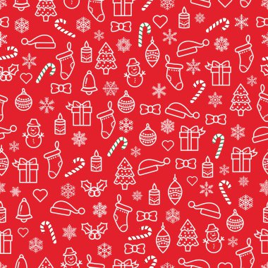 Noel, yeni yıl, tatiller, çizimler, kırmızı arka plan, kusursuz desen, kardan adam, Noel ağacı, hediyeler, Noel ağacı süslemeleri, kar taneleri, şeker kamışı, Noel Baba şapkası, hediye çorabı