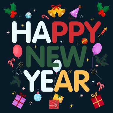 Mutlu yıllar, renkli metinler, yeni yıl, kalın font yazılı vektör dizaynlı logo şablonu, koyu mavi arka plan, yeni yıl oyuncakları, çoban püskülleri, köknar dalları, hediyeler, tatil topları, yıldızlar, havai fişekler