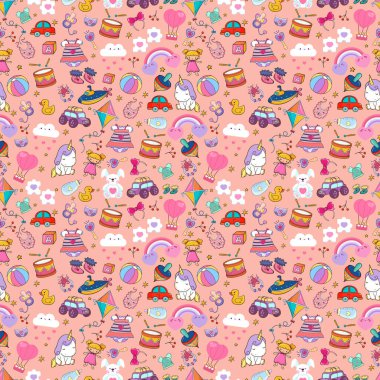 Çocuk resimleri, renksiz desenler, gökkuşağı, oyuncaklar, uçurtma, tek boynuzlu at, baskı, ambalaj kağıdı, kumaş sancak web tasarım çizim vektörü