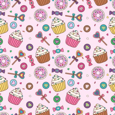 Pasta, donut, tatlılar, tatlı tatlılar, şeker, şekerleme, atıştırmalıklar, kafe, yemek, dikişsiz desen, baskı duvar kâğıdı arka plan kumaş kumaş dekor web tasarım poster illüstrasyon vektörü