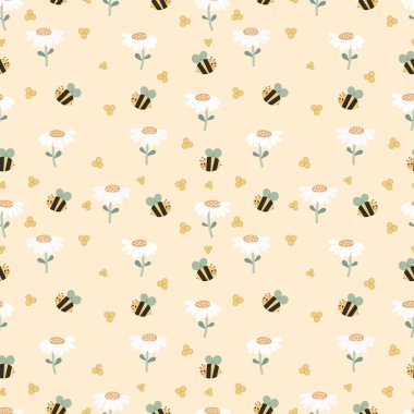 Arılar, bal petekleri, çiçekler, açık bej arka plan, bal arılı bohem bebek, kusursuz desen, çocuk odası için şirin süslemeler, düz çizgi film tarzında vektör illüstrasyonu, böcek, doğa