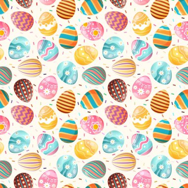 Paskalya Yumurtaları, Paskalya Bayramı, Parlak Hristiyanlar Dirilişi, açık bej arka plan, şirin kusursuz desen, şenlik, Paskalya dokusu, baskı, ambalaj kağıdı, kumaş, tekstil, afiş, web tasarımı, poster tasarımı
