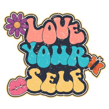 Yazdır, Text Love Yourself, Flower, Lips, Butterfly, self-care, Retro vintage etiket, motivasyon sloganı, blog için alıntı, Pozitif metin, Poster baskısı, Web tasarımı, Fabric