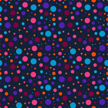 Geometrik, soyut, dikişsiz desen, renkli daireler, koyu mavi arkaplan, baskı, web tasarımı, poster, kumaş duvar kağıdı kapağı illüstrasyon vektörü