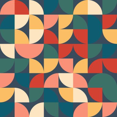 Bauhaus, geometrik desenli soyut arkaplan, retro tarzı, kusursuz desen, ilkel şekillerin elementleriyle çizim, minimalist tarz, mozaik, basitlik, dekorasyon.