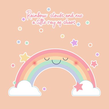 Gökkuşağı, bulutlar, yıldızlar, yazı, gökkuşağı bulutları ve ben küçük bir kaos ışınıyım, açık mercan arka plan, moda çıkartması, baskı, tişört çıkartması, kumaş, tekstil, poster, kapak illüstrasyon vektörüyüm.