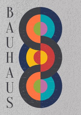 Bauhaus tarzında parlak vektör çizimi, yaşlı dokusunun etkisinden yapılmıştır. Çemberlerin ve eğri çizgilerin geometrik şekilleri dikey olarak düzenlenerek gri bir arkaplanda dinamik ve uyumlu bir desen oluşturulur. Kombinasyon: