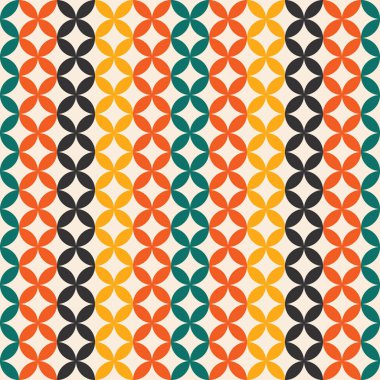 Dikey çizgilerle sıralanmış geometrik çiçek elementleriyle vektörsüz desen. Açık arkaplanda turuncu, yeşil, sarı ve siyah renkler modern ve dinamik bir tasarım yaratır. Tekstil, duvar kağıdı, ambalaj, hediye kağıdı ve...