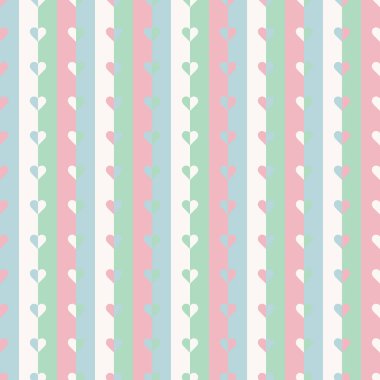 Pembe, mavi, yeşil ve bej renkli yumuşak pastel tonlarda dikey çizgileri olan kusursuz vektör deseni. Çizgiler boyunca romantik ve nazik bir atmosfer yaratan küçük kalpler vardır. Tekstil, ambalaj kağıdı ve kartpostallar için mükemmel bir desen.