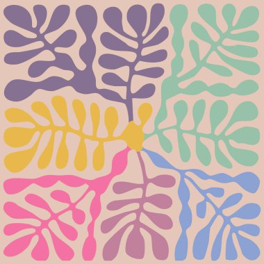 Soyut organik şekilleri Henri Matisse tarzı kesikleri anımsatan parlak ve biçimsiz bir desen. Pembe, sarı, yeşil, mavi ve leylağın yumuşak pastel tonları uyumlu bir renk paleti oluşturur. Tasarım tekstil için mükemmel.