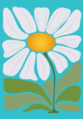 Minimalist tarzda parlak ve şık bir papatya resmi. Beyaz yapraklar, sarı çekirdekler ve yeşil yapraklar zengin bir mavi arka planda güzel bir şekilde öne çıkıyorlar. Kartpostallar, ambalajlar, tekstil, duvar kağıtları, posterler için idealdir.