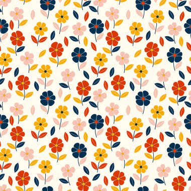 Renkli, pürüzsüz desenli, parlak çiçekli ve arka planda yapraklı. Çizim, retro estetik elementlerle düz bir tarzda yapılmıştır. Tekstil, ambalaj, duvar kağıdı ve kağıt tasarımı için ideal. Neşeli ve şık bir çiçek deseni