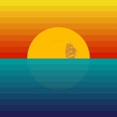 Minimalist klasik deniz manzarası çizimi. Kompozisyonun ortasında, deniz ufkunun arkasında yarı gizlenmiş sarı güneş ve arka planda bir yelkenli gemisinin silueti bulunur. Üst kısmı, gölgelerin sıcak bir tonlamasından oluşur.