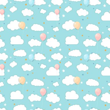 Yumuşak beyaz bulutlar, balonlar ve parlak yıldızların mavi gökyüzüne karşı pastel renkleriyle oluşturduğu pürüzsüz bir desen. Bebek tasarımı, bebek partisi davetiyeleri, bebek dekorasyonu, tekstil, hatıra defteri, duvar kâğıdı ve eğlenceli basılabilir projeler için mükemmel. Şey...