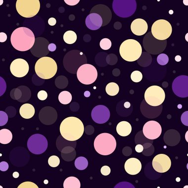 Renkli sarı, pembe ve mor daireler içeren kusursuz vektör desenli koyu bir arka planda. Tasarım, şeffaf şekillerin örtüşmesini, yumuşak ve modern bir görünüm yaratmayı içeriyor. Kumaş izleri ve ambalaj için mükemmel.