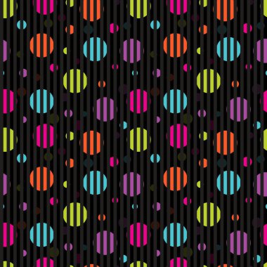 Mavi, pembe, turuncu, yeşil ve dikey siyah çizgilerle kaplanmış parlak neon tonlarında geniş renkli daireler içeren cesur ve hareketsiz vektör deseni. Bu dinamik geometrik tasarım modern moda baskıları için mükemmeldir.