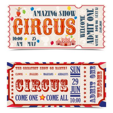 Sirk biletlerinin illüstrasyonu. Sirk tipografisi, palyaçolar, hokkabazlar, sihirbazlar ve akrobatlarla dolu renkli giriş kuponları. Karnaval, sirk etkinliği, eğlence, performans veya promosyon tasarım projeleri için mükemmel.