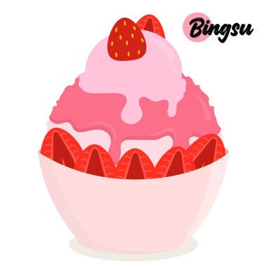 Isolated strawberry bingsu or shaved ice with fresh strawberries, syrup, and ice cream. Korean traditional dessert