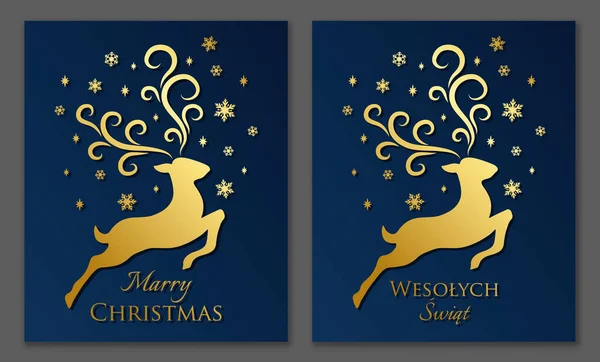Noel kartı. Ren geyiği. İngilizce ve Polonya versiyonu. Vektör tasarımı.