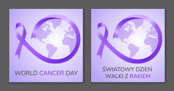 World Cancer Day. Purple ribbon. Polish and english.