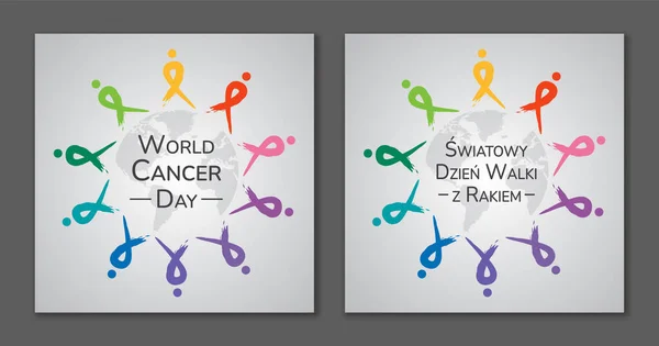 World Cancer Day. Colorfull ribbons. Polish and english.