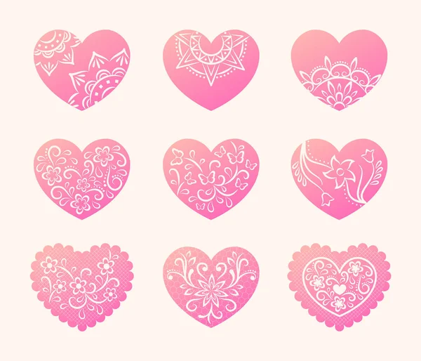 Decorative hearts collection. Mandala, floral, lace pattern. 