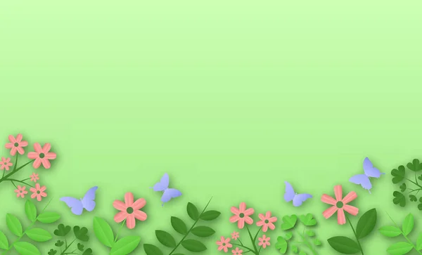 Bahar yeşili arka plan. Çiçek yaprakları ve kelebekler. Kağıt kesiği.