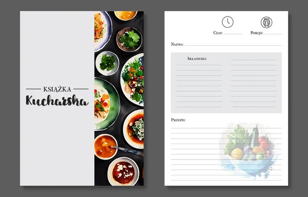 Tarif kitabı şablonu. Suluboya tabaklar ve sebzeler. Polonya yemek kitabı.