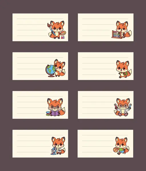 Şirin tilkilerin olduğu defter etiketleri. Renkli vektör tasarımı. Çeşitli aktivitelerde sevimli tilkiler.