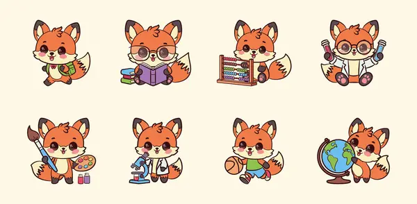 Çekici karikatür okulu tilkilerinin koleksiyonu. Vektör tasarımı. Çeşitli aktivitelerde şirin tilkiler.