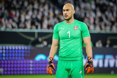 Wolfsburg, Almanya, 20 Mart 2019: Almanya ile Sırbistan arasındaki uluslararası dostluk maçı sırasında Sırbistan milli takım kalecisi Marko Dmitroviç 
