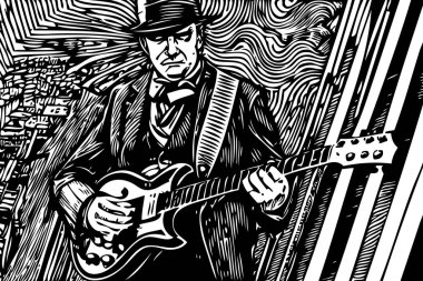 Gitarlı ve şapkalı blues müzisyeni soyut bir arkaplanda