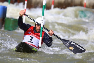 Markkleeberg, Almanya, 06 Nisan 2019: Alman erkek kanocu Sideris Tasiadis ICF Erkekler Kano Dünya Kupası 'nda yarışıyor