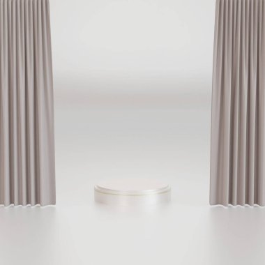 gümüş silindir kaide podyumu ve gri perdeler. ürün sunumu. 3d oluşturma