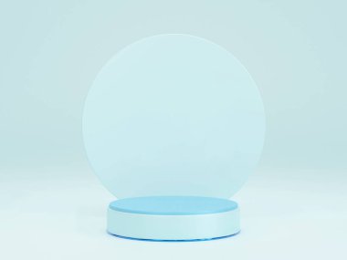Daire şeklindeki arka planı olan mavi silindir kaide podyumu. Soyut pastel mavi renk. 3d oluşturma 