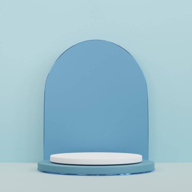 Mavi ve beyaz silindir kaidesel podyum kemer şekilli arka plan. Soyut pastel mavi renk. 3d oluşturma