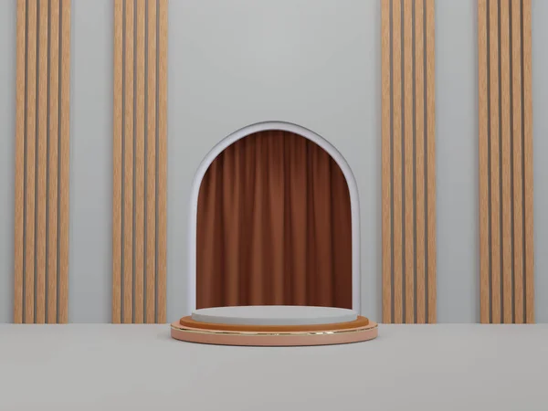 褐色和白色圆柱形基座平台 具有拱形背景和棕色阀杆 3D渲染 — 图库照片