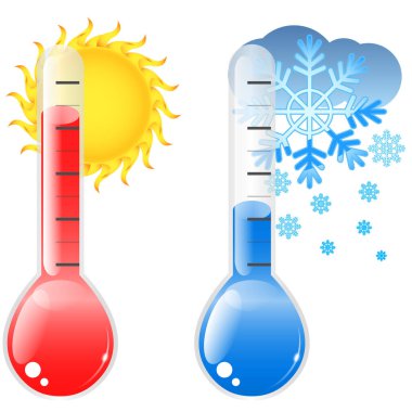 Thermometers for hot and cold weather, one red with a filled scale with a bright sun in the background, the second blue with clouds and falling snowflakes behind
